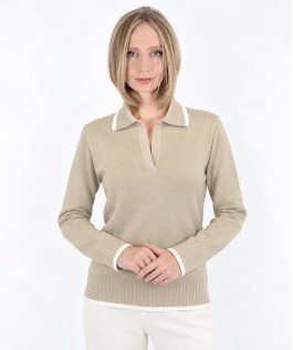 Pulover polo beige din lână 